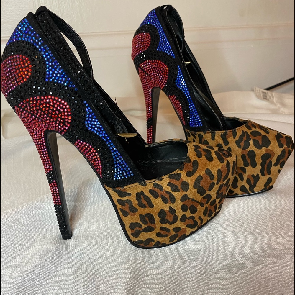 Cheetah High Heel Platform Shoes w/ Rhinestones